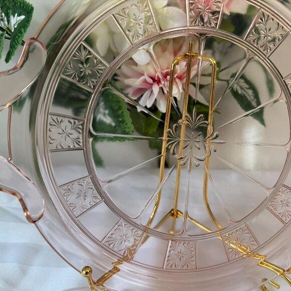 Jeannette Doric Pink Depression Glass Set Vintage Cream Sugar Bowls Platter Set - Picture 3 of 8
